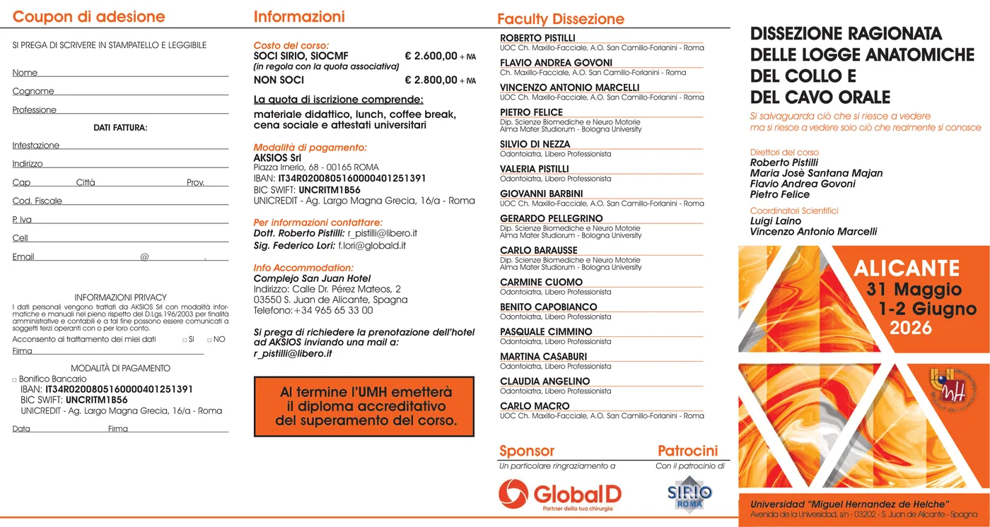 Locandina Corso Dissezione Ragionata Logge Anatomiche — Prof. Pistilli, 31 maggio – 2 giugno 2026, Alicante